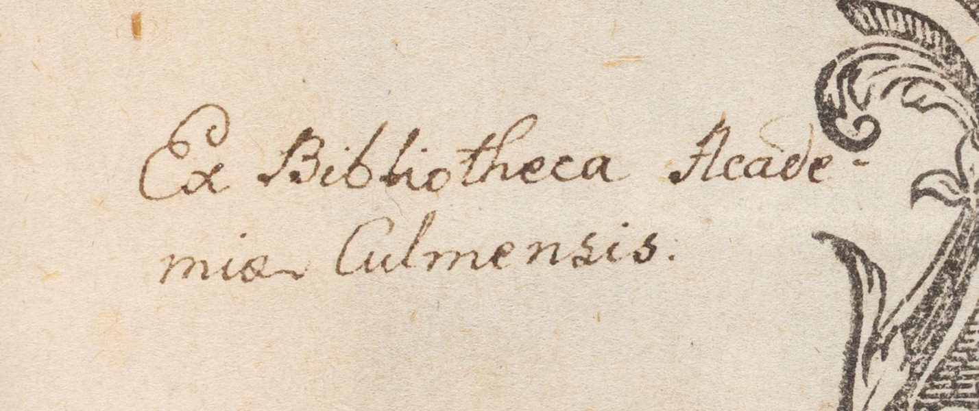 Państwowe Gimnazjum Żeńskie w Chełmnie, zapiska proweniencyjna na stronie tytułowej "Ex Bibliotheca Academiæ Culmensis."