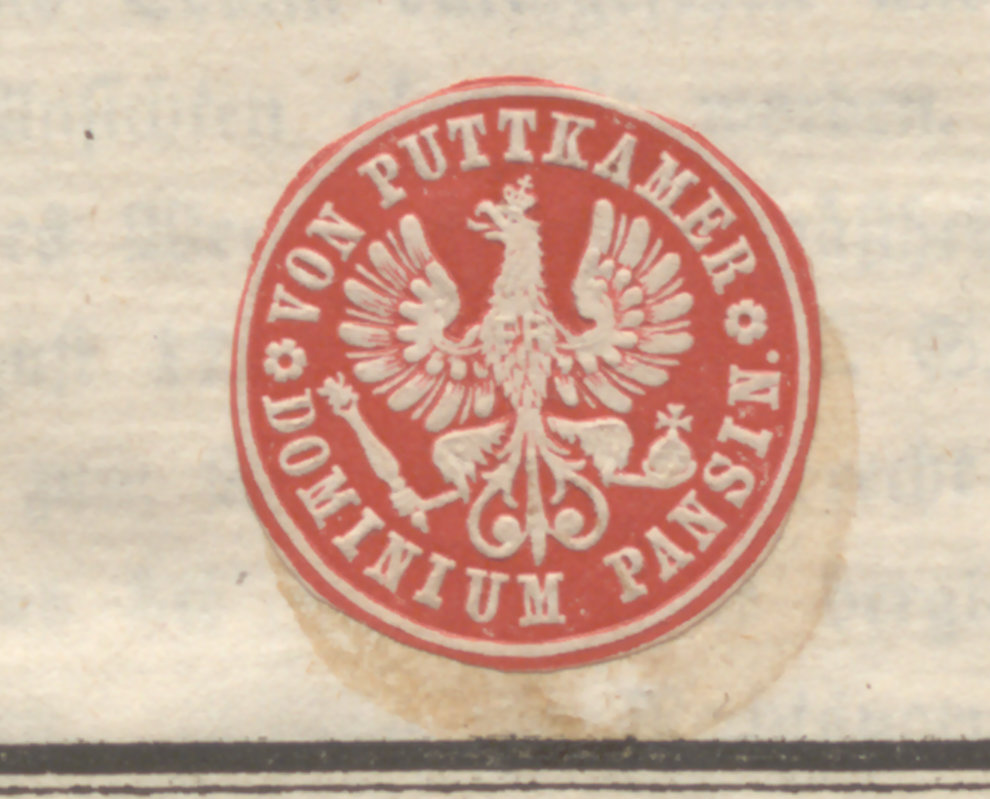Zbiory Puttkamerów z Pęzina koło Stargardu, 4. Ekslibris okrągły z czerwonym tłem, z napisem: "Von Puttkamer. Dominium Pansin"